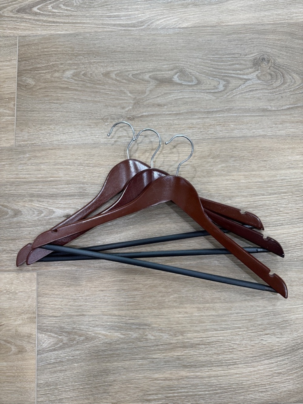 Premium Brown Wooden Suit Hangers with Black Trousers Bar- Set of 3